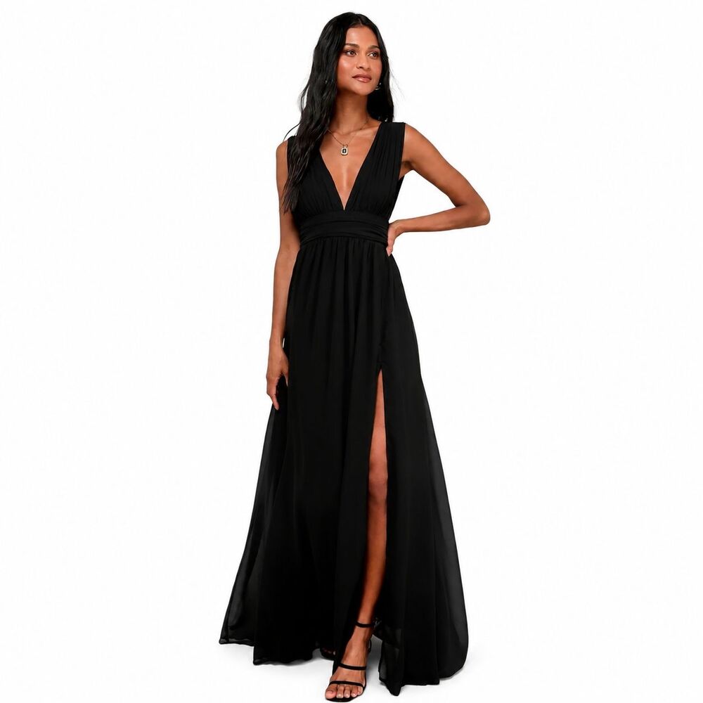 Lulus Heavenly Hues Chiffon Maxi Dress Black Formal Bridesmaid Gown NWT XXS
